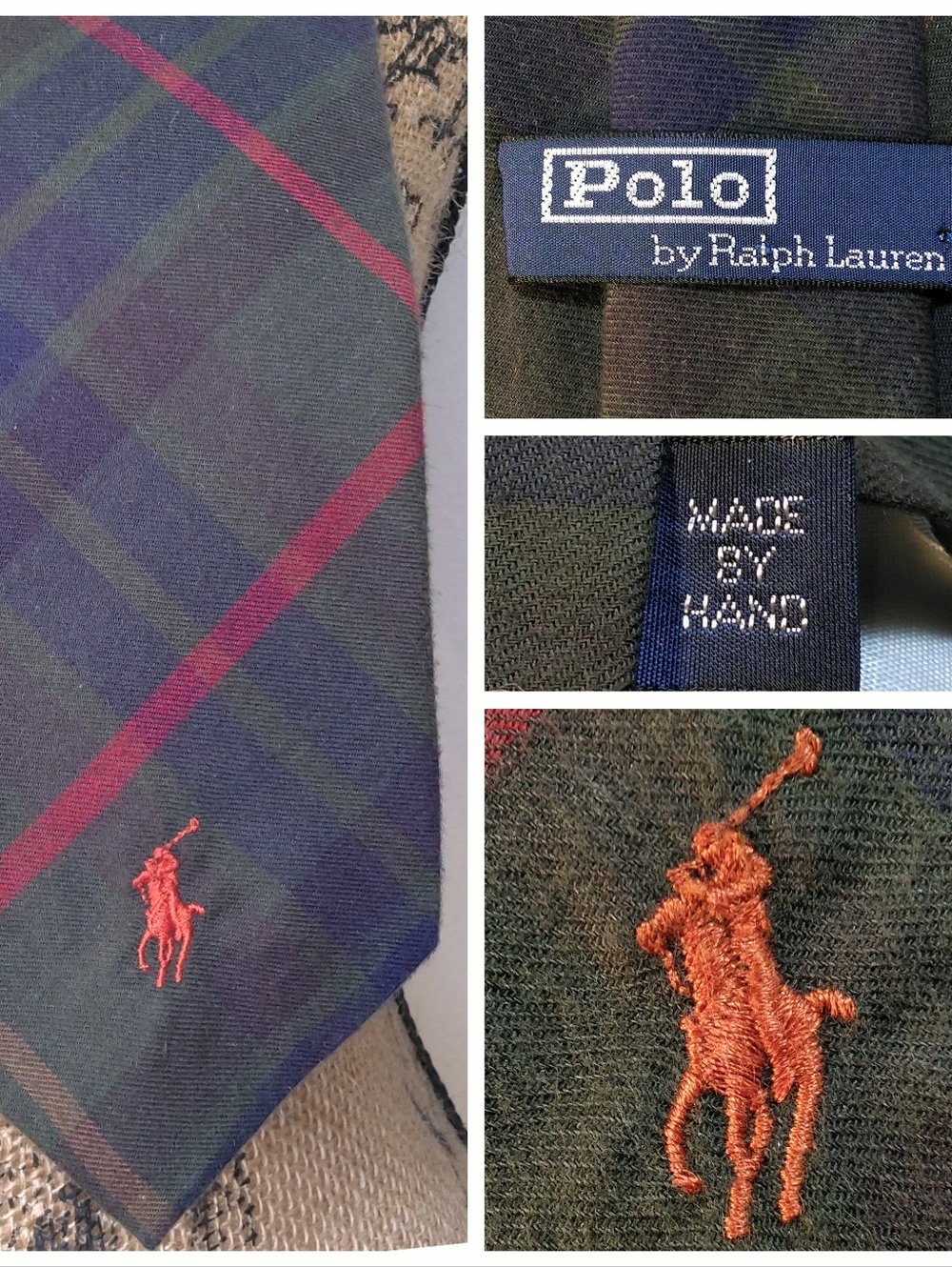 POLO RALPH LAUREN Tie MULTICOLOR Plaid Embroidered ORANGE PONY Handmade Vtg 90s